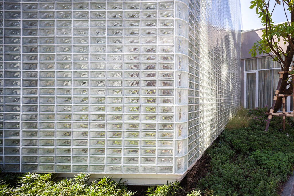 Photo of exterior wall built out of decorative glass block